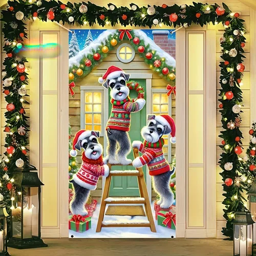 Miniatura 2 de Cartel de porche con decoración de cachorro de Navidad, trío festivo, Schnauzers en suéteres navideños, perfecto para interiores y exteriores