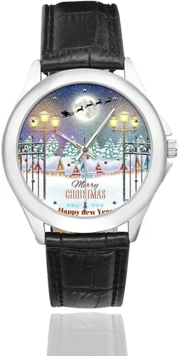 Miniatura 2 de InterestPrint Christmas Snowman Snowflake Tree - Reloj de pulsera de acero inoxidable para mujer, color negro
