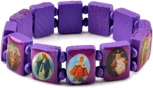 Miniatura 8 de yantu Pulsera elástica de panel pequeño de madera extraíble con imágenes de santos religiosos, Jesús y rosario, Madera