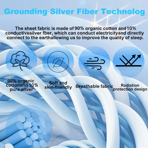 Miniatura 3 de Sábana de fibra plateada, 90% algodón orgánico + 10% fibra de plata pura, mejora el sueño y alivia el dolor, sábanas de cama (gris, Queen)