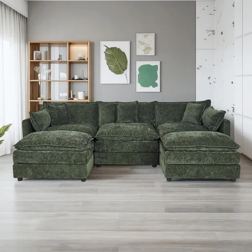 Miniatura 39 de Setawix Sofá Profundo de 3 Plazas con Otomana, Sofás de Nube en Forma de L de 112.2" para Sala de Estar, Sofá de Nube de Chenilla con Asiento Café