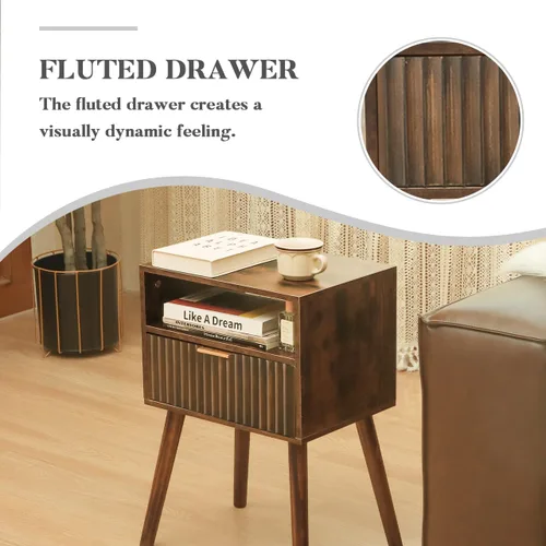 Miniatura 6 de Fultyle Mesita de noche de nogal, mesa de noche de madera con cajones acanalados y estante abierto, mesita de noche de madera para dormitorio