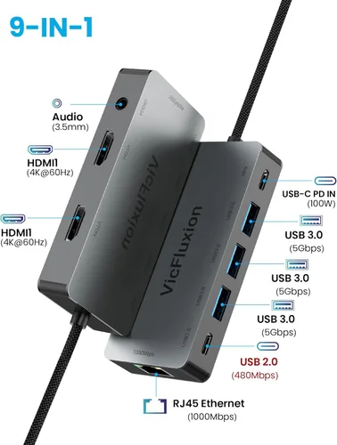 Miniatura 2 de Estación de acoplamiento USB C Monitor dual, concentrador USB 9 en 1 con 2 HDMI 4K @60HZ, 1 × 1000 Mbps Ethernet, 3 × USB 3.0, 1 × Tipo C, 1 × Carga
