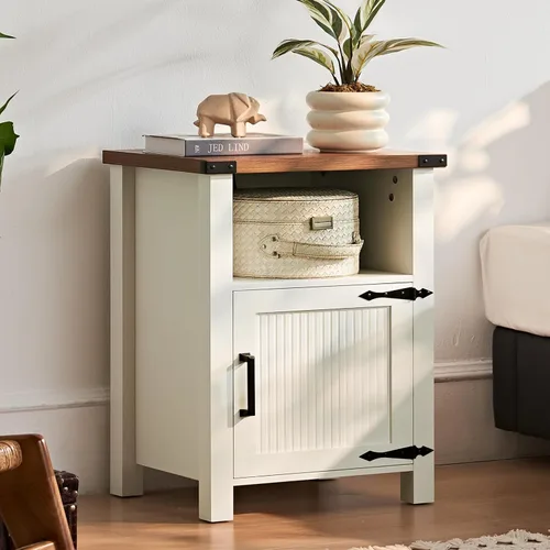 Miniatura 10 de Joaxswe Mesita de noche rústica de 18 pulgadas con estación de carga y puerto USB, mesa auxiliar rústica para sofá con puerta magnética, mesas Negro