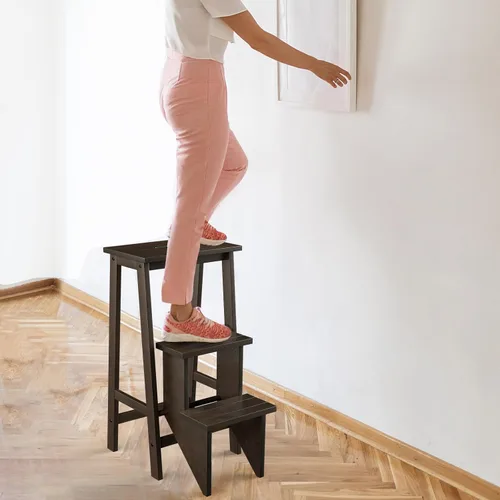 Miniatura 9 de Taburete plegable de madera de 3 escalones, escalera antideslizante portátil, escalera plegable de madera, estante de flores multifuncional y silla