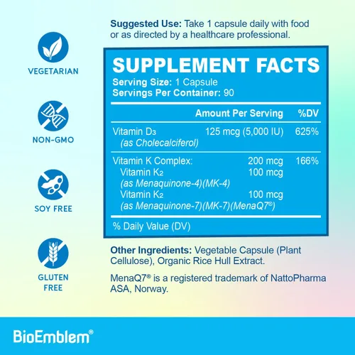 Miniatura 5 de BioEmblem Cápsulas de vitamina D3 K2 (5000IU y 200 mcg) – MK7 y MK4 patentadas para apoyo complejo 3 en 1 – Suplemento vegetariano de vitamina D K2