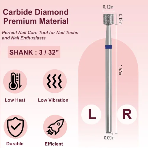 Miniatura 2 de Broca de uñas de diamante de 3/32 pulgadas, broca profesional de forma cilíndrica plana para uñas de gel acrílico, manicura seca, pedicura