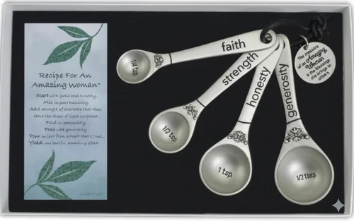 Abbey & CA Gift - Juego de cucharas medidoras Amazing Woman, regalos decorativos y accesorios de cocina, 4 cucharas, peltre grabado y esmalte