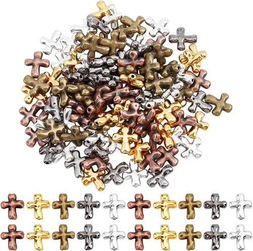 Miniatura 6 de 100 cuentas de cruz de metal dorado de aleación tibetana espaciadoras a granel de 0.551 x 0.492 x 0.157 in para hacer joyas, pulseras de vacaciones