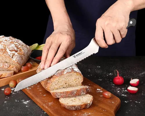 Miniatura 3 de Cuchillo de pan dentado de 10 pulgadas, hoja de acero inoxidable de alta calidad con borde ondulado, mango de espiga completa, afilado para pan