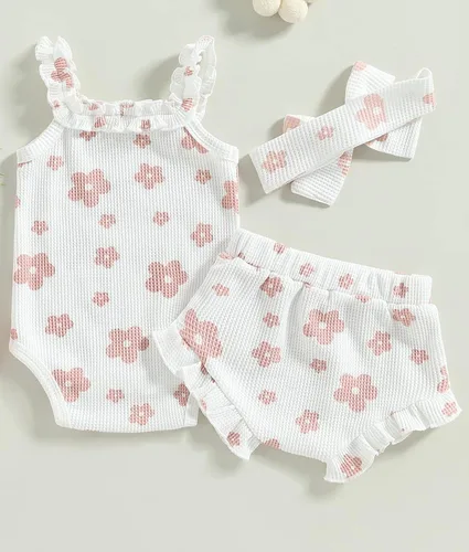 Miniatura 3 de Conjunto de ropa de verano para bebé recién nacida, conjunto de ropa de verano con estampado floral, mameluco con cordón y diadema corta