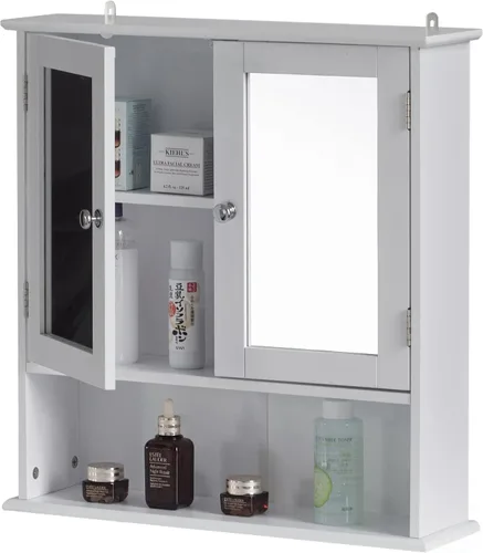 Miniatura 7 de Basicwise Espejo gris montado en la pared baño y tocador con estantes ajustables, gris, (QI004020.GY)