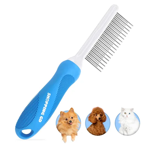 Peine desenredante de aseo para mascotas para perros y gatos con dientes metálicos largos y cortos de acero inoxidable para eliminar enredos y