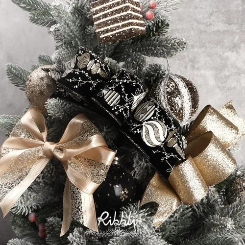 Miniatura 4 de Ribbli Cinta de Navidad con Alambre Negro Champán Cinta de Árbol de Navidad Copo de Nieve Purpurina Cintas con Alambre para Lazo de Copa de Árbol
