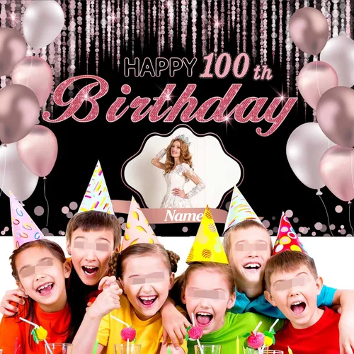 Miniatura 5 de Cartel de decoración de feliz cumpleaños número 100 de oro rosa, tamaño grande, personalización con nombre y foto compatible