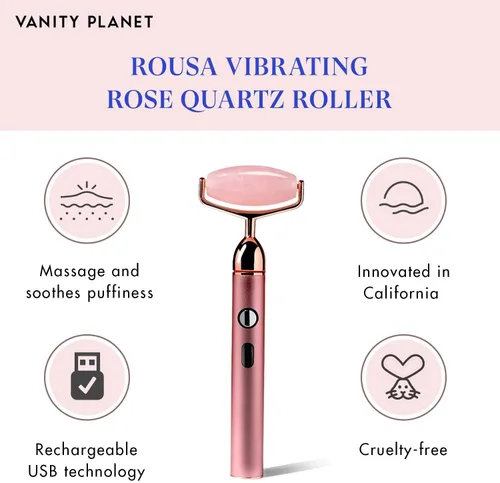 Miniatura 4 de Vanity Planet Rodillo vibrante de cuarzo rosa Rousa - Rodillo facial de piedra natural que ayuda a reducir las líneas finas y las arrugas - 13,000