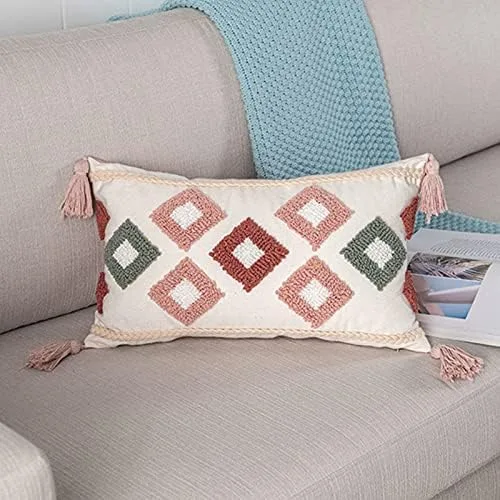 Miniatura 4 de Bonita funda de almohada lumbar tejida de algodón rosa con borlas y diamantes étnicos bohemios indios con borlas, funda de cojín acogedora