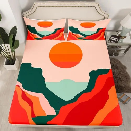 Miniatura 10 de Erosebridal Sábanas de cama modernas de mediados de siglo, sábana bajera con estampado de luna, tamaño individual, minimalismo, sábanas de montaña