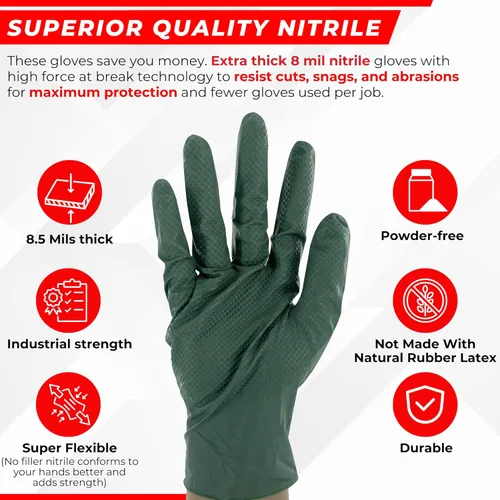 Miniatura 2 de Guantes industriales de nitrilo de 2 capas de 8.5 milésimas de pulgada de grosor, desechables, resistentes a desgarros, textura de diamante elevado