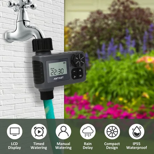 Miniatura 6 de Temporizador de riego programable para manguera de jardín con retardo de lluvia, función de riego por goteo manual/automático, sistema de riego