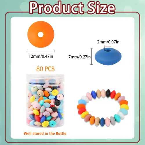 Miniatura 2 de 80 cuentas de ábaco de silicona, cuentas focales de silicona coloridas de 0.472 pulgadas para bolígrafos, cuentas en forma de platillo de lentejas a