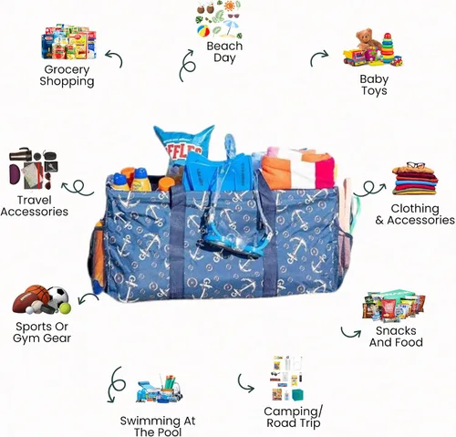 Miniatura 3 de Bolsa de utilidad extragrande Lucazzi - Cesta de lona rectangular plegable reutilizable con marco de alambre con dos bolsillos exteriores