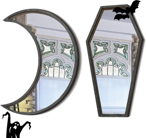 Marsui 2 piezas pequeño ataúd luna espejo lindo gótico decoración de habitación espeluznante espejo gótico decorativo rústico negro decoración de
