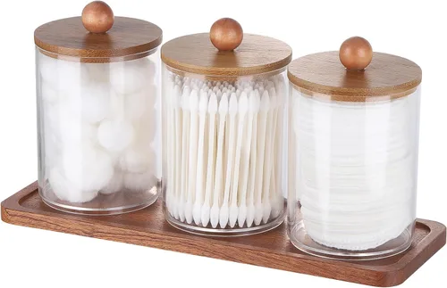 Tbestmax - Soporte Qtip con bandeja de tocador, dispensador de recipientes de baño transparentes para almacenamiento, soporte para hisopos de