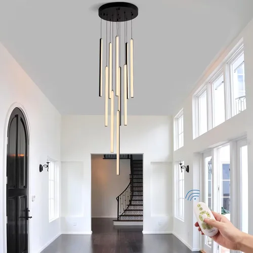 HuisMier Candelabro LED Moderno, 10 Luces Lámpara Colgante Lineal Regulable Negra con Control Remoto, Candelabro para Techo Alto Altura Ajustable