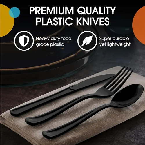 Miniatura 4 de Exquisite Cuchillos de plástico negro, 50 piezas, cuchillos negros, utensilios desechables, juego de cubiertos de plástico resistente