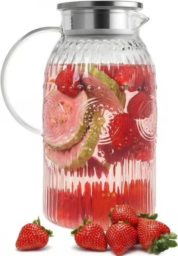 Miniatura 8 de Bandesun Jarra de vidrio con tapa, 68 onzas/2 litros, paquete de 2 jarras de agua vintage, jarra de agua de vidrio para preparación fría, café