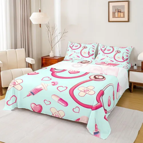 Miniatura 43 de Erosebridal Nurse Sheet Set Stethoscope Twin Sheets Set for Teen Boys,Colorful Medical Healthcare Heartbeat Syringe Fitted Sheet
