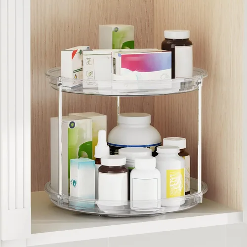 Miniatura 4 de Organizador Lazy Susan de 2 niveles, tocadiscos Lazy Susan de 9 pulgadas para gabinete, organizador apilable giratorio para especias para encimera