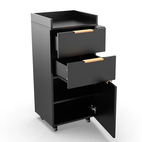 OmySalon Carrito de salón con ruedas, 2 cajones y 1 armario de almacenamiento, carrito de salón para estilista, estación de peinado portátil para