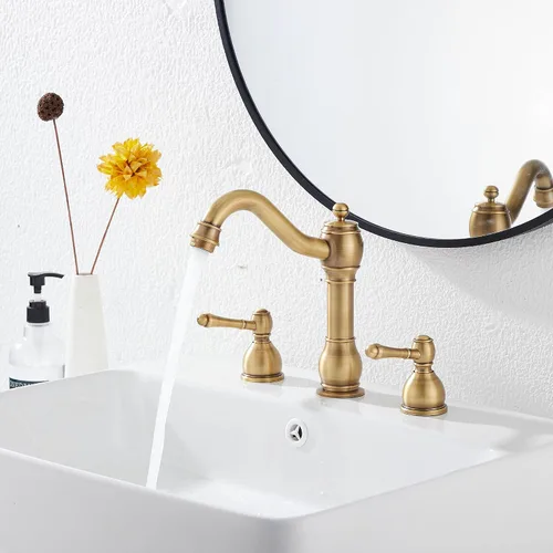 Miniatura 8 de Grifo de 2 manijas para lavabo de tres agujeros, grifo de lavabo de baño extendido, grifo mezclador, manguera de suministro incluida, desagüe Latón