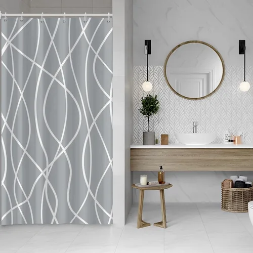 Miniatura 52 de Cortina de ducha pequeña a rayas gris claro degradado para baño, 36 x 72 pulgadas, juego de cortina de ducha geométrica para cabina de RV
