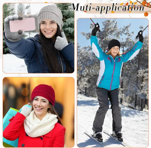 Miniatura 6 de 4 Conjuntos de invierno para mujer, cálido, gorro, bufanda, gorro, gorro, calavera, pantalla táctil, guantes de punto, cable
