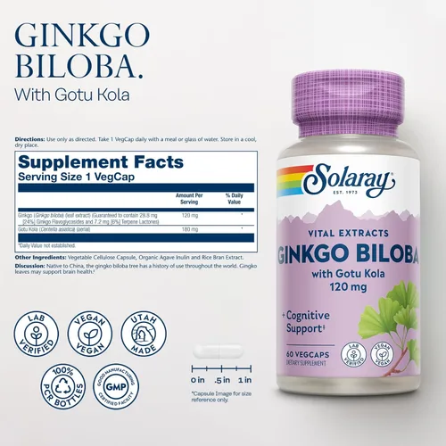 Miniatura 2 de SOLARAY Extracto de Ginkgo Biloba con Gotu Kola - Cápsulas de Ginko Biloba para apoyo a la salud cerebral, vegano, verificado en laboratorio, 60