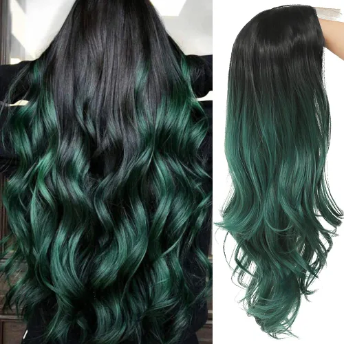 Miniatura 7 de Tseses Pelucas largas y onduladas de color azul degradado para mujer, pelucas de cabello sintético con raíces oscuras, cosplay, fiesta de Halloween