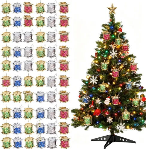60 adornos para árbol de Navidad con purpurina, mini tambores, adornos para árbol de Navidad, pequeños instrumentos musicales, colgante colgante de