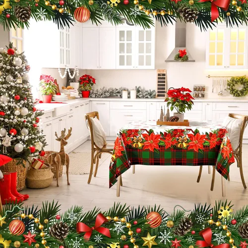 Miniatura 7 de Peryiter 2 piezas de mantel de plástico de Navidad alegre, 54 x 108 pulgadas, rojo de invierno, flor, loro, desechable, para decoración de fiesta