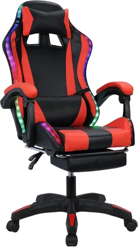 Miniatura 9 de Silla de juegos con altavoces Bluetooth y luces LED, silla ergonómica de piel sintética con reposapiés retráctil, silla giratoria de 360° con Rojo