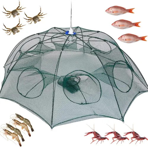 Red plegable para trampa de peces para cangrejos, cangrejos, minnows, camarones - Jaula de cebo de pesca plegable automática con 8 entradas, fácil