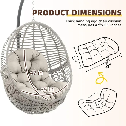 Miniatura 6 de Cojines para silla de huevo para exteriores, color negro, impermeable, antideslizante, con lazos, cojín grueso para silla para terraza, balcón