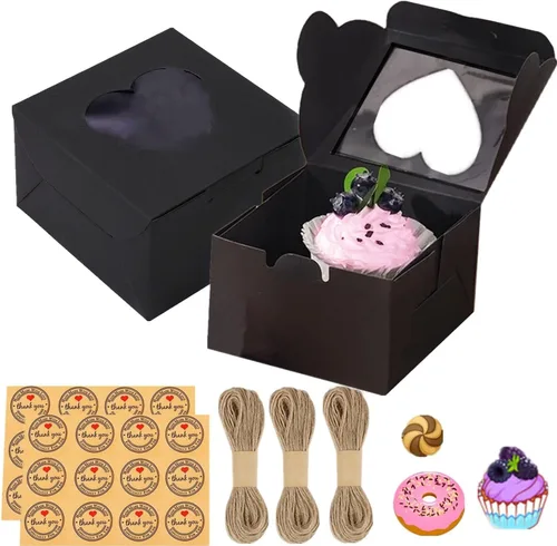 Paquete de 50 cajas pequeñas de panadería con ventana, 4 x 4 x 2.5 pulgadas, mini cajas para pasteles, galletas, pastelería y postre, color negro