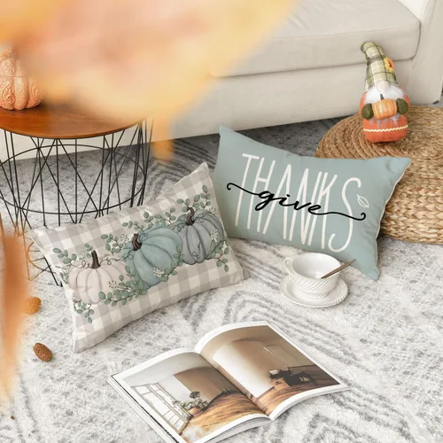 Miniatura 2 de AVOIN colorlife Hello Pumpkin Give Thank - Juego de 4 fundas de almohada de 12 x 20 pulgadas, otoño, Acción de Gracias, hojas de eucalipto