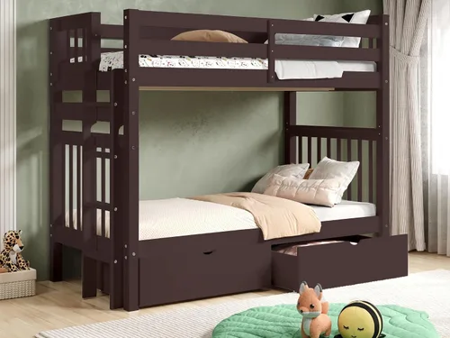 Miniatura 9 de Bedz King Literas altas de tamaño individual sobre individual, estilo Mission con escalera lateral y 2 cajones debajo de la cama, color cereza oscuro