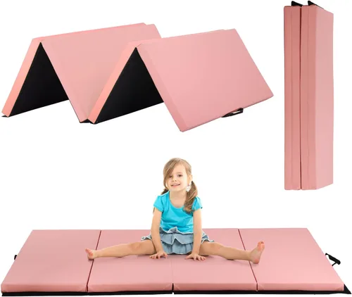 6 ft Gymnastics Exercise Mat Thick Tumbling Mats with Carrying Handles, 6ft x 4ft x 2in Yoga Mat Folding Exercise Pad Leather Gym Mat for
