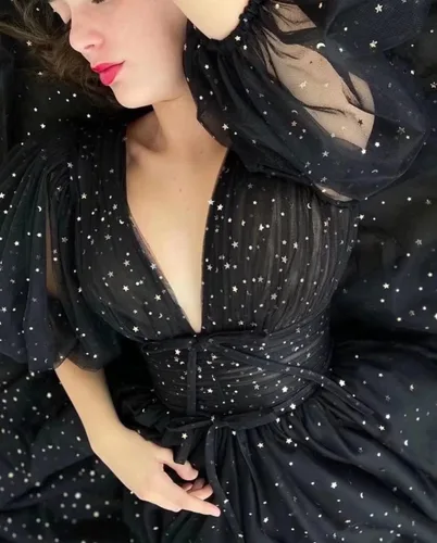 Miniatura 3 de Vestidos de fiesta de tul estrellado brillante para mujer, vestidos de noche con mangas abombadas, vestido de fiesta formal con bolsillos