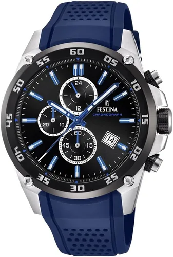 Festina 'The Originals Collection' F203308 - Reloj de cuarzo para hombre con esfera negra y correa de goma azul, Azul, Reloj de pulsera